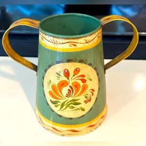 Hand painted Green Tole Metal Toleware Antique Vase Vintage Farmhouse Decor OOAK